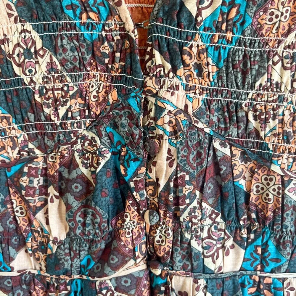 Anthropologie Smocked Ruffle Peregrine Midi Dress Turquoise Patch XL - Picture 12 of 14
